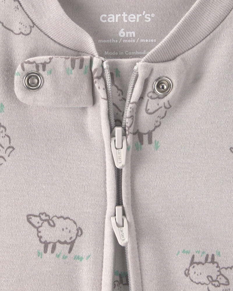 Baby Sheep 100% Cotton 2-Way Zip Sleep & Play Pajamas - Grey, image 2 of 5 slides