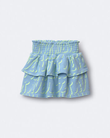 Toddler Girl Smocked Tiered Skirt in Otter Avenue Print - Light Blue/Lime Green, 