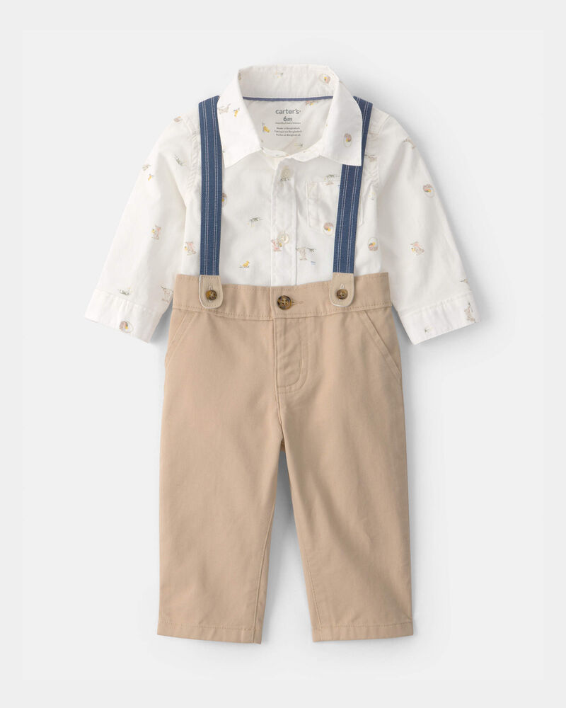 Baby Boy 2-Piece Easter Bunny Bodysuit & Suspender Pant Set - Cream/Khaki, image 1 of 6 slides