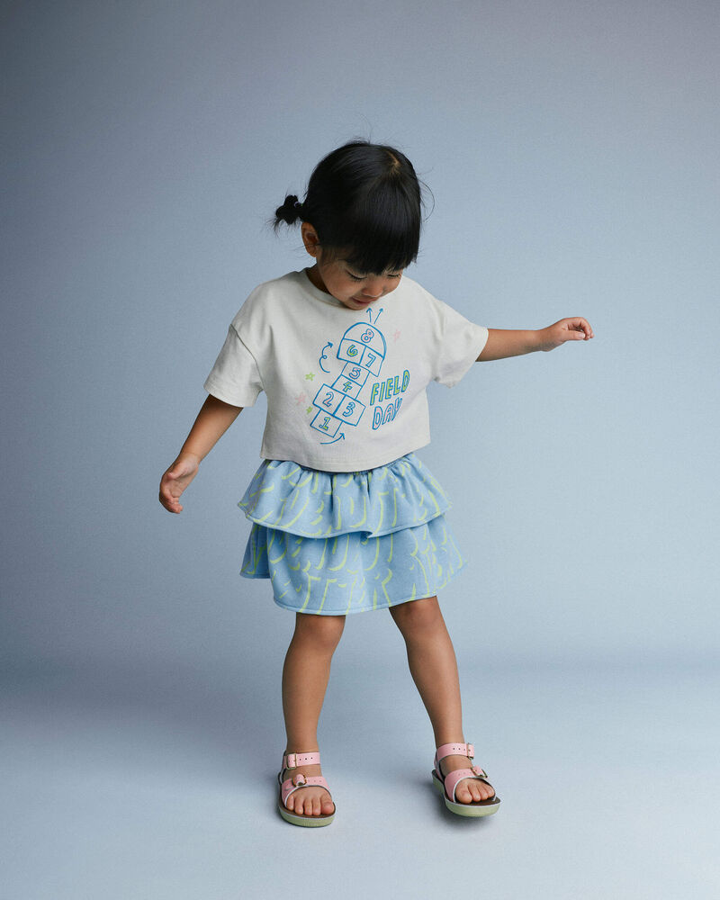 Toddler Girl Smocked Tiered Skirt in Otter Avenue Print - Light Blue/Lime Green, image 1 of 5 slides