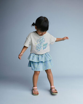 Toddler Girl Smocked Tiered Skirt in Otter Avenue Print - Light Blue/Lime Green, 