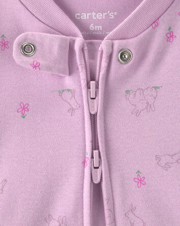 Baby Girl Bunny 100% Cotton 2-Way Zip Sleep & Play Pajamas - Purple, 