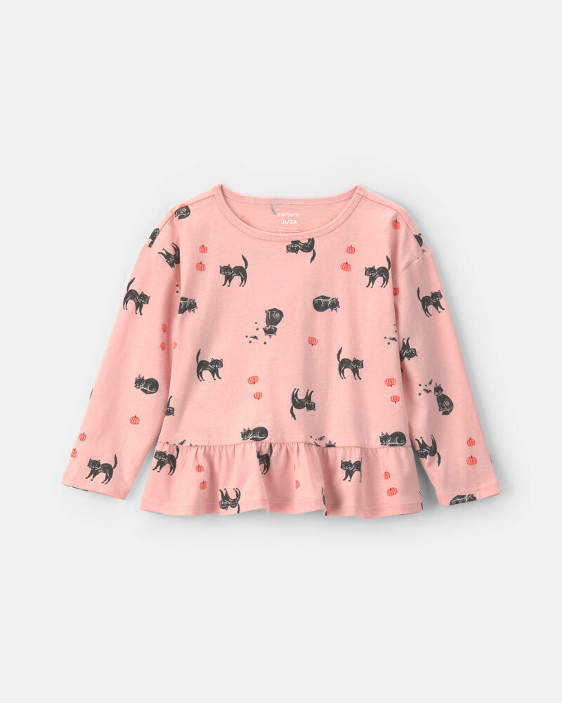 Toddler Girl Halloween Cat Long-Sleeve Peplum Top - Pink, image 1 of 3 slides