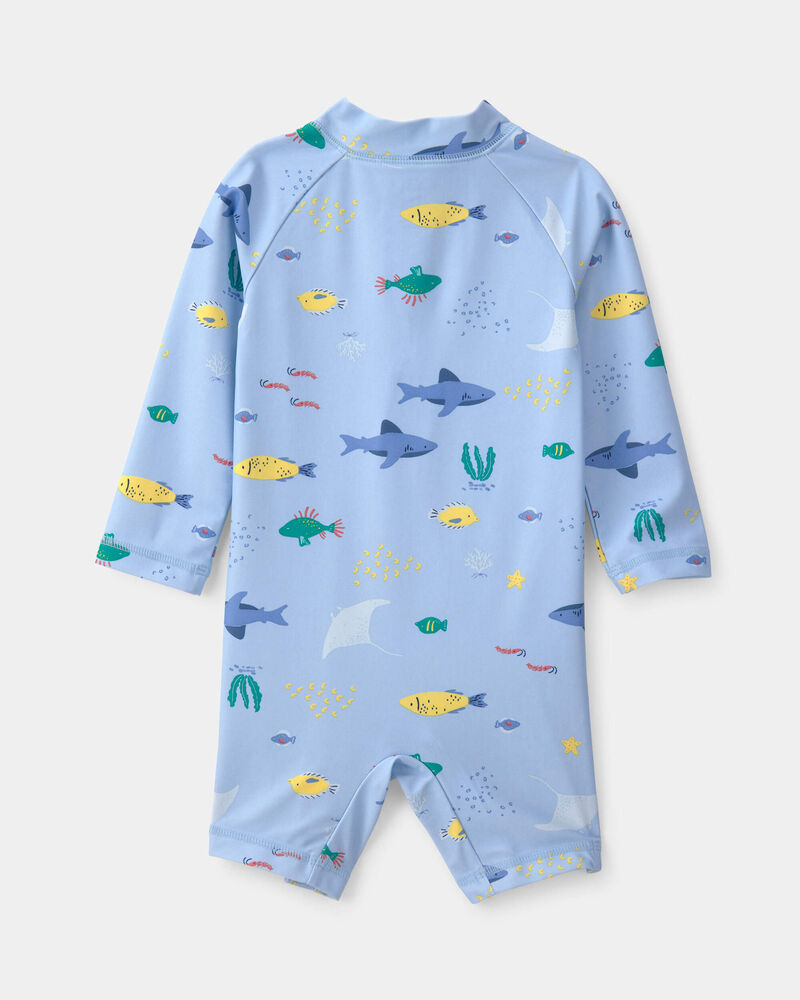 Baby Boy 1-Piece Fish Rashguard Swimsuit - Blue, image 2 of 4 slides