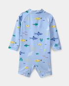 Baby Boy 1-Piece Fish Rashguard Swimsuit - Blue, image 2 of 4 slides