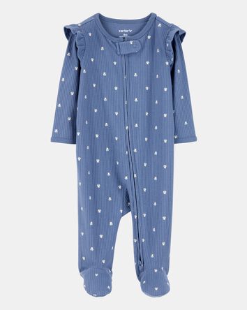Baby Girl Mini Floral 2-Way Zip Ribbed Sleep & Play Pajamas - Blue, 