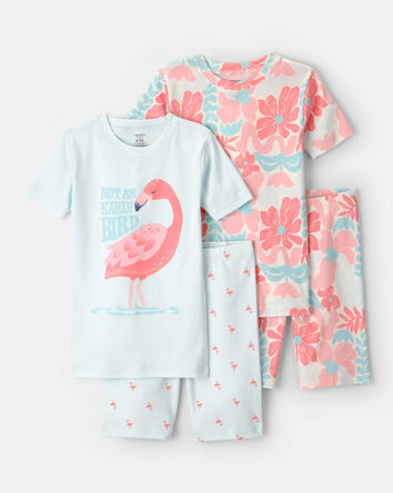 Girls Flamingo 100% Cotton Short-Sleeve Snug Fit 4-Piece Pajama Set - Pink/Blue, 