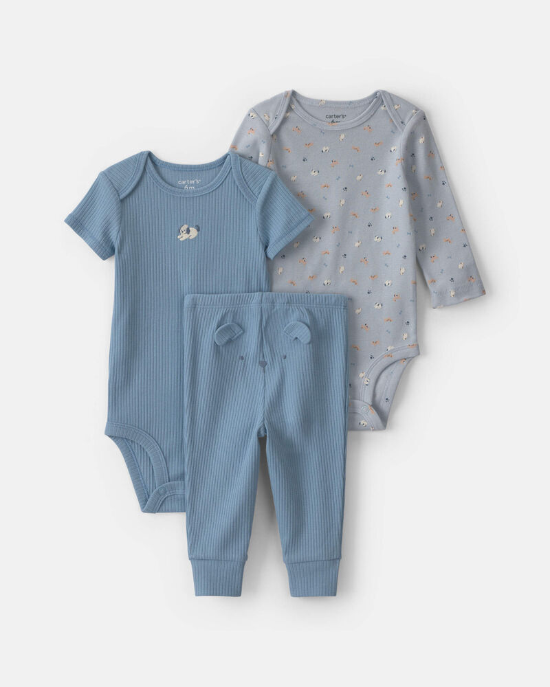 Baby Boy 3-Piece Dog Bodysuit & Pant Set - Blue/Grey, image 1 of 4 slides