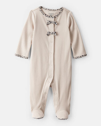 Baby Girl Bow Cotton Long-Sleeve Snug Fit Sleep & Play Pajamas - Brown, 