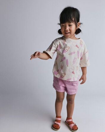 Toddler Girl Rolled Cuff Tee in Ice Cream Print - Cream, 