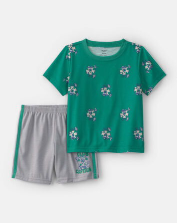 Toddler Boy Soccer Short-Sleeve Loose Fit 2-Piece Pajama Set - Green/Grey, 