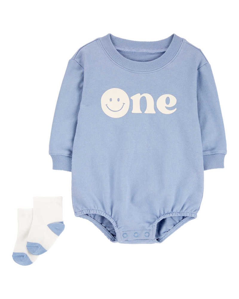 Baby Boy 2-Piece Birthday Bubble & Socks Set - Blue/White, image 1 of 3 slides