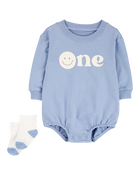 Baby Boy 2-Piece Birthday Bubble & Socks Set - Blue/White, image 1 of 3 slides