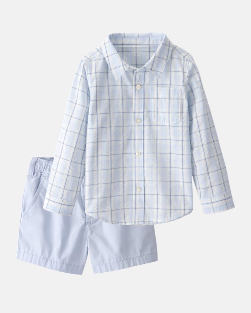 Toddler Boy 2-Piece Button-Down Shirt & Short Set - Blue, image 1 of 6 slides