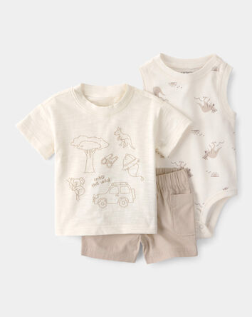 Baby Boy 3-Piece Into The Wild Top, Bodysuit & Short Set - Ivory/Brown, 