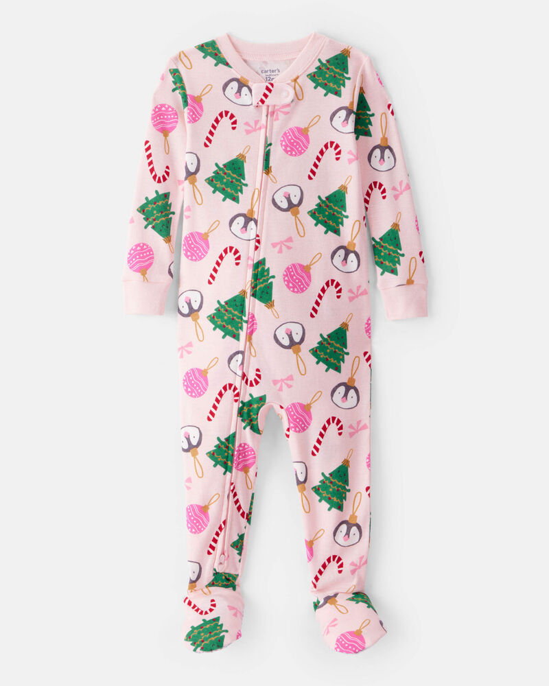 Toddler Girl Pink Ornaments 100% Cotton Long-Sleeve Snug Fit 1-Piece Pajamas - Pink, image 1 of 4 slides