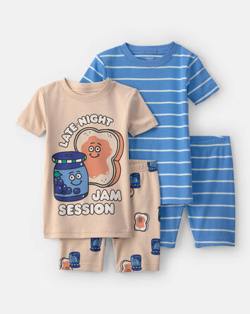 Toddler Boy PB&J Striped 100% Cotton Short-Sleeve Snug Fit 4-Piece Pajama Set - Blue/Brown, 