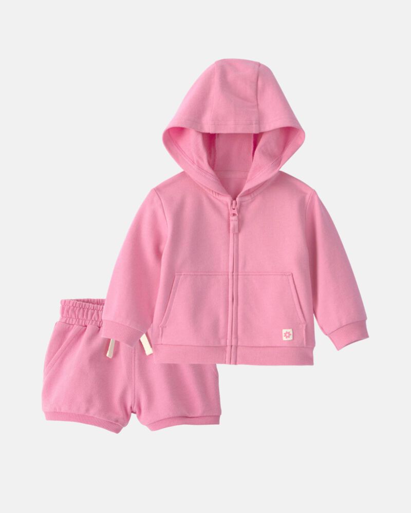 Baby Girl 2-Piece French Terry Hoodie & Short Set - Pink, image 1 of 7 slides