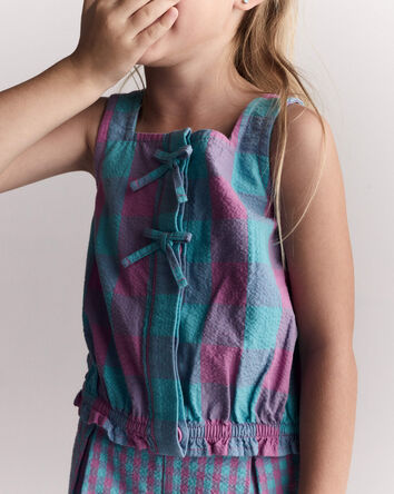 Toddler Girl Gingham Peplum Top with Bows - Purple/Blue, 
