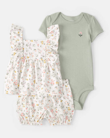 Baby Girl 3-Piece Floral Outfit Set - White/Green, 