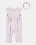Baby 2-Piece Floral Jumpsuit & Headwrap - Purple, image 1 of 3 slides