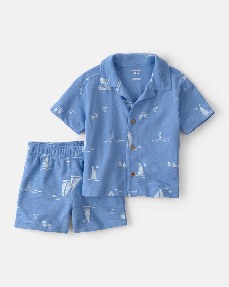 Baby Boy 2-Piece Sailboat Top & Short Set - Blue, image 1 of 3 slides