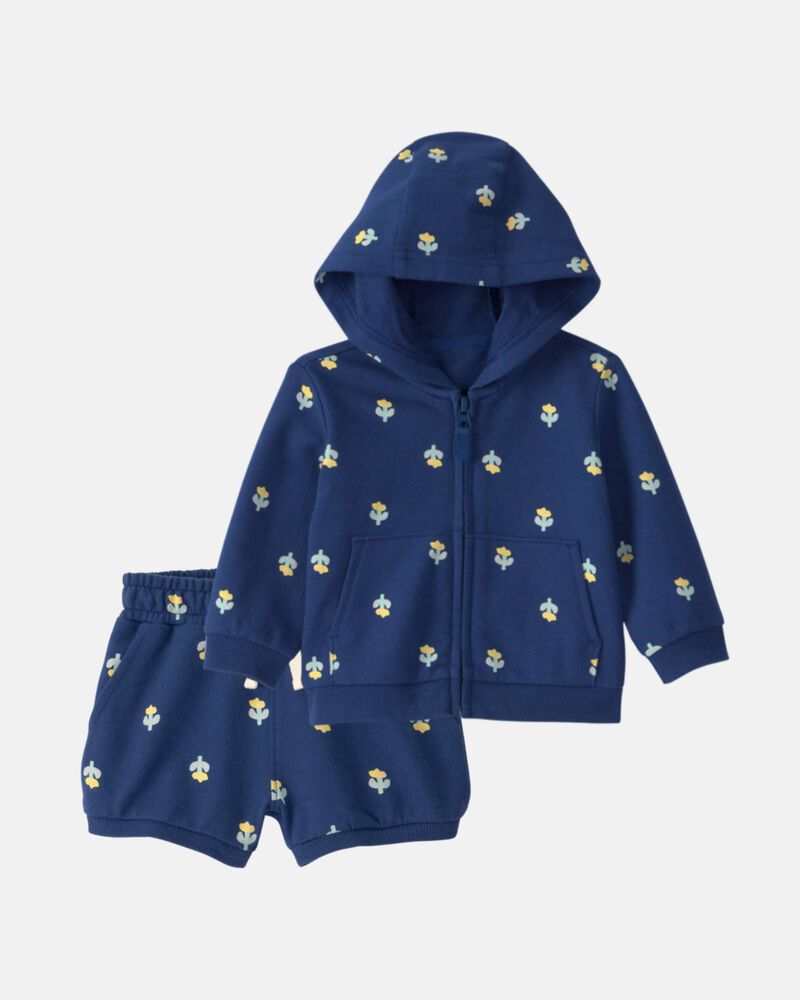 Baby Girl 2-Piece Floral French Terry Hoodie & Short Set - Navy, image 1 of 6 slides