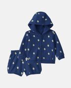 Baby Girl 2-Piece Floral French Terry Hoodie & Short Set - Navy, image 1 of 6 slides