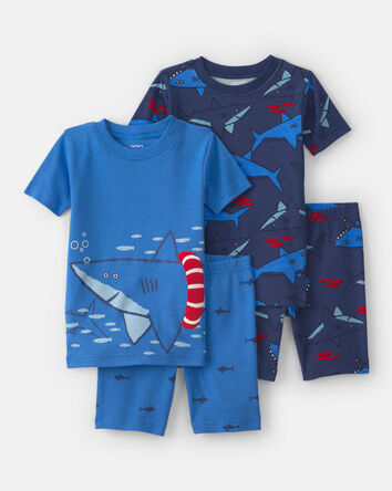 Baby Boy Shark 100% Cotton Short-Sleeve Snug Fit 4-Piece Pajama Set - Blue, 