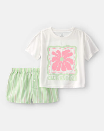 Girls 'Club Snooze' Flower Short-Sleeve Loose Fit 2-Piece Pajama Set - Ivory/Green, 