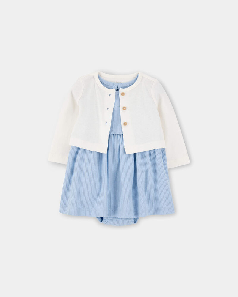 Baby Girl Floral Embroidered Cardigan Dress Set - Blue/White, image 1 of 6 slides
