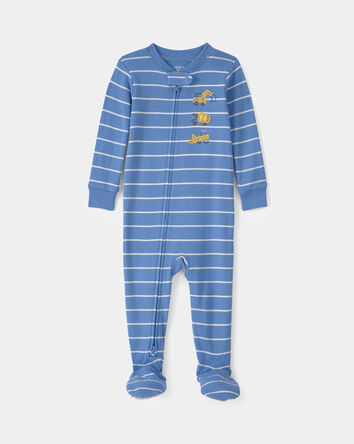 Toddler Boy Construction Striped 100% Cotton Snug Fit 1-Piece Pajama - Blue, 