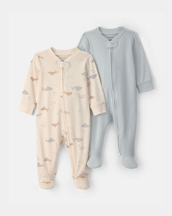 Baby 2-Pack Whale Striped 100% Cotton 2-Way Zip Sleep & Play Pajamas - Blue/Ivory, 