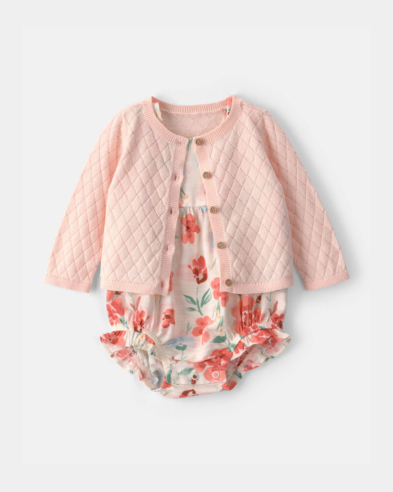 Baby Girl 2-Piece Floral Cardigan & Bubble Set - Pink, image 1 of 6 slides