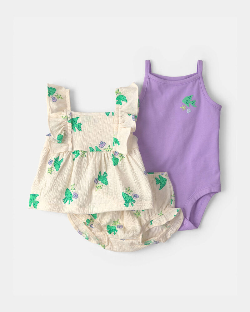 Baby Girl 3-Piece Fish Top & Short Set - Purple/Ivory, image 1 of 4 slides