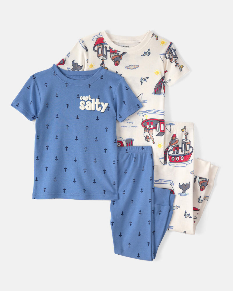 Baby Boy Anchor 100% Cotton Snug Fit 4-Piece Pajama Set - Blue/Cream, image 1 of 4 slides