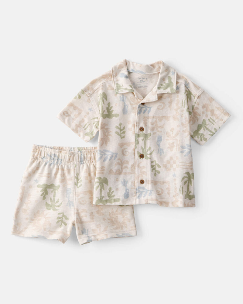 Baby Boy 2-Piece Palm Tree Tropical Top & Short Set - Cream, image 1 of 3 slides