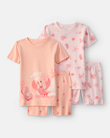 Toddler Girl Seashells 100% Cotton Short-Sleeve Snug Fit 4-Piece Pajama Set - Pink/Orange, 