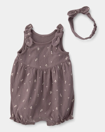 Baby Girl 2-Piece Floral Sleeveless Romper Set - Brown, 