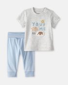 Baby Boy 2-Piece 'Let's Be Friends' Graphic Tee & Pant Set - Grey/ Blue, image 1 of 7 slides