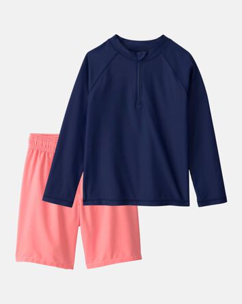 Boys 2-Piece Rashguard & Swim Trunk Set - Navy/Coral, 