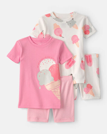 Toddler Girl Ice Cream 100% Cotton Short-Sleeve Snug Fit 4-Piece Pajama Set - Pink/Ivory, 