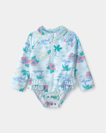 Baby Girl Tropical Beach Long-Sleeve Rashguard Swimsuit - Blue, 
