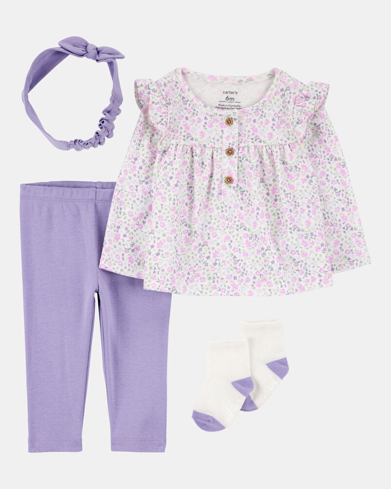 Baby Girl 4-Piece Floral Outfit Set - Purple, image 1 of 4 slides