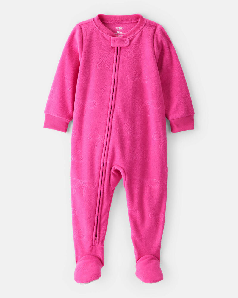 Toddler Girl Bow Loose Fit Long-Sleeve 1-Piece Pajamas - Pink, image 1 of 3 slides