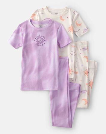 Girls Space Constellation Tie-Dye 100% Cotton Snug Fit 4-Piece Pajama Set - Purple, 