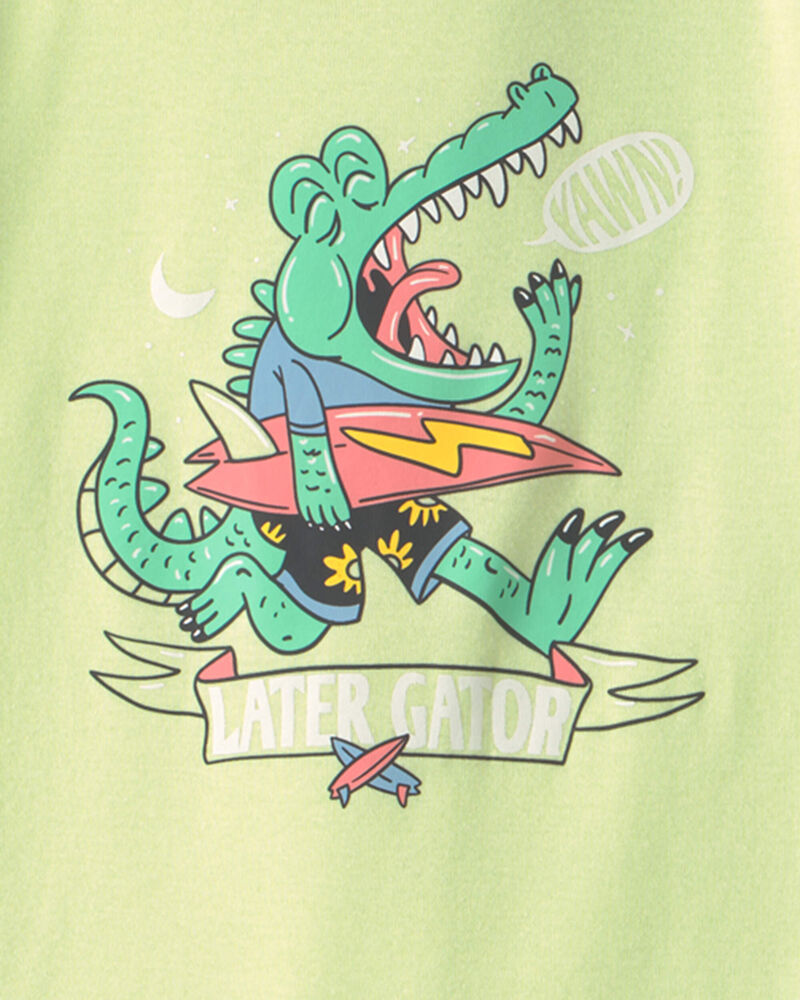 Boys Alligator Surfing 100% Cotton 4-Piece Pajama Set - Green, image 2 of 4 slides