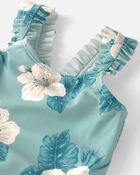 Baby Girl Recycled Ruffle 1-Piece Swimsuit in Blue Hibiscus, image 3 of 5 slides