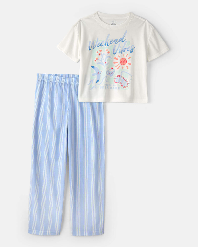 Girls 'Weekend Vibes' Striped Loose Fit 2-Piece Pajama Set - Blue/Ivory, image 1 of 3 slides