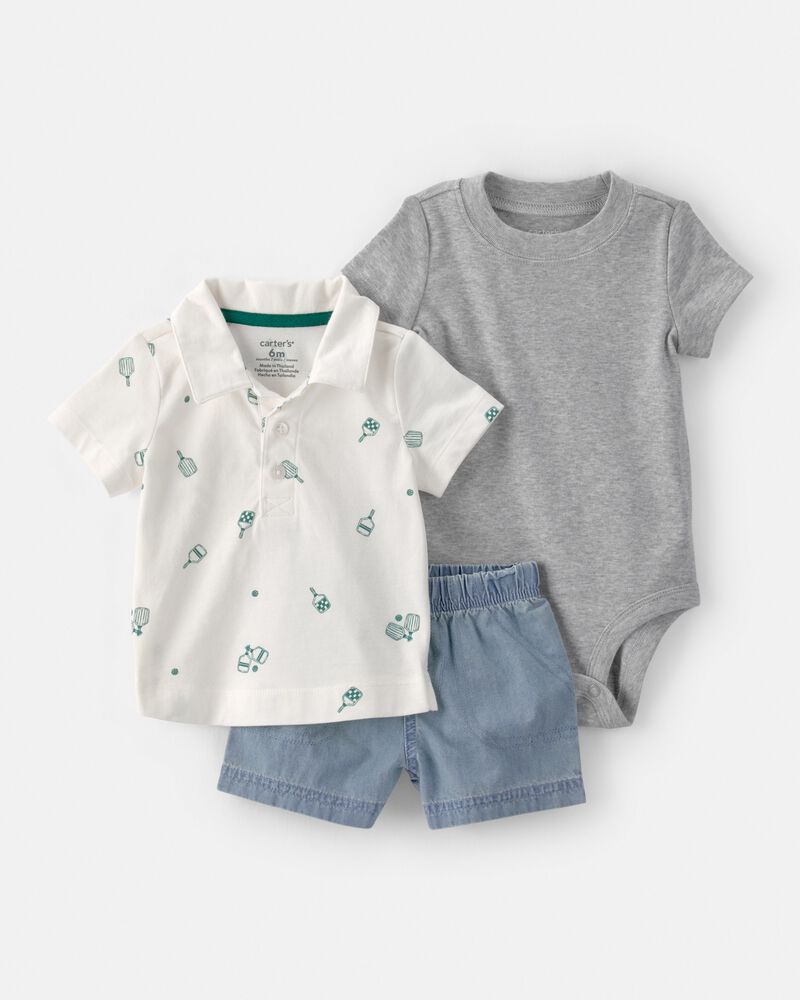Baby Boy 3-Piece Pickleball Short-Sleeve Top, Bodysuit & Short Set, image 1 of 5 slides